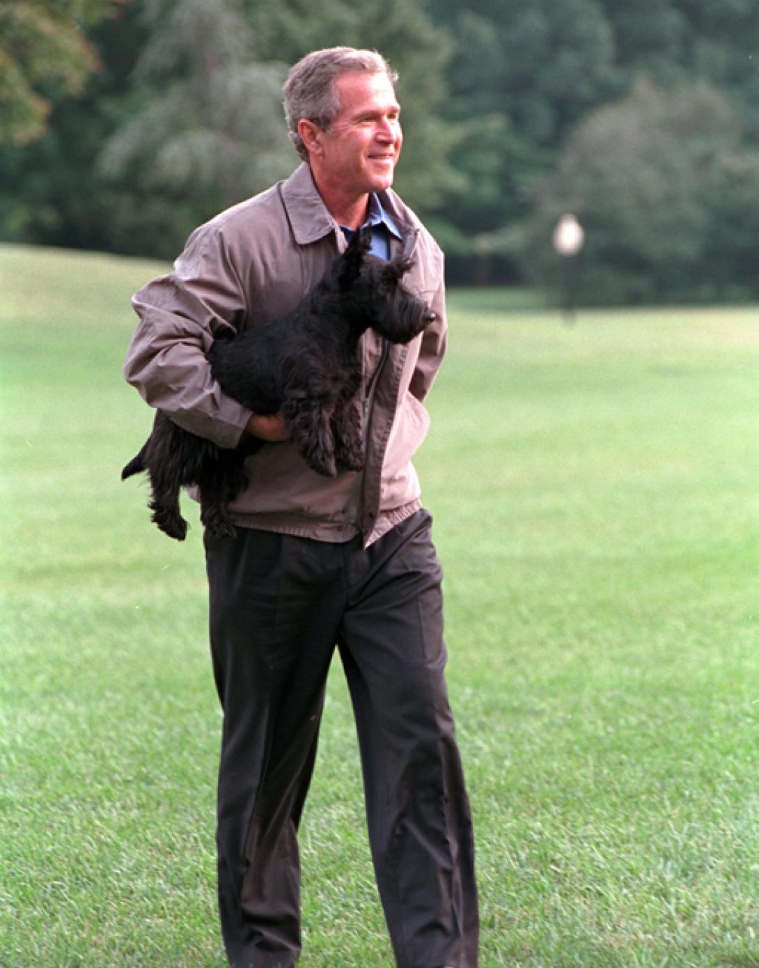 President George W. Bush carries Barney to the South Portico of the White House, September 3, 2001, after disembarking Marine One. (P6560-34A)
