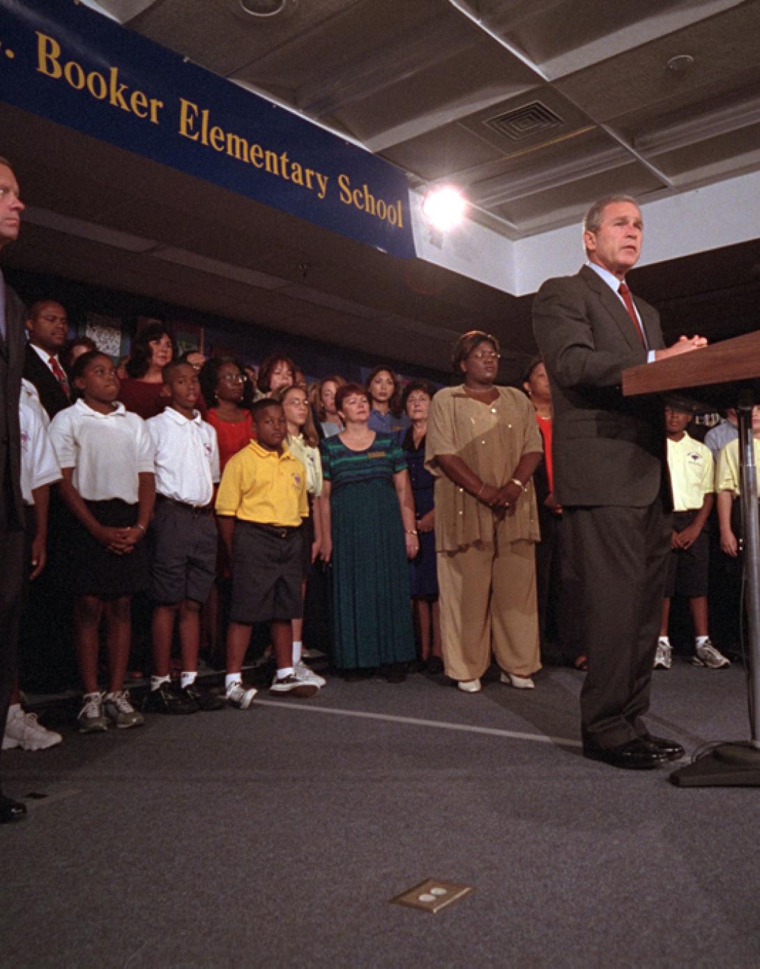 President George W. Bush delivers remarks from Emma E. Booker Elementary School in Sarasota, Florida at 9:30 a.m., September 11, 2001, following terrorist attacks on the World Trade Center. (P7058-31A)