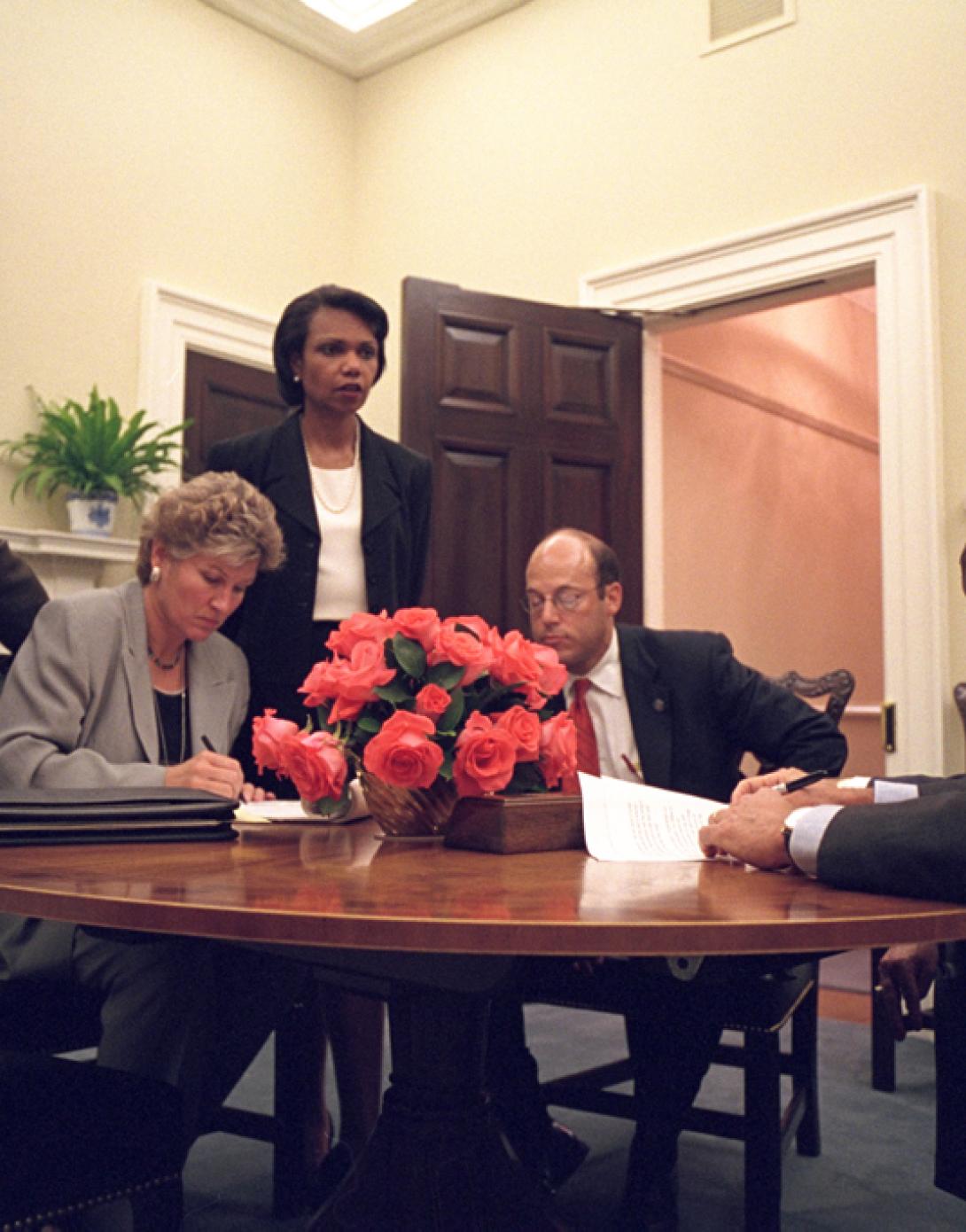 President George W. Bush immediately gathers his senior staff in the Private Dining Room, September 11, 2001, after returning to the White House. (P7111-27a)