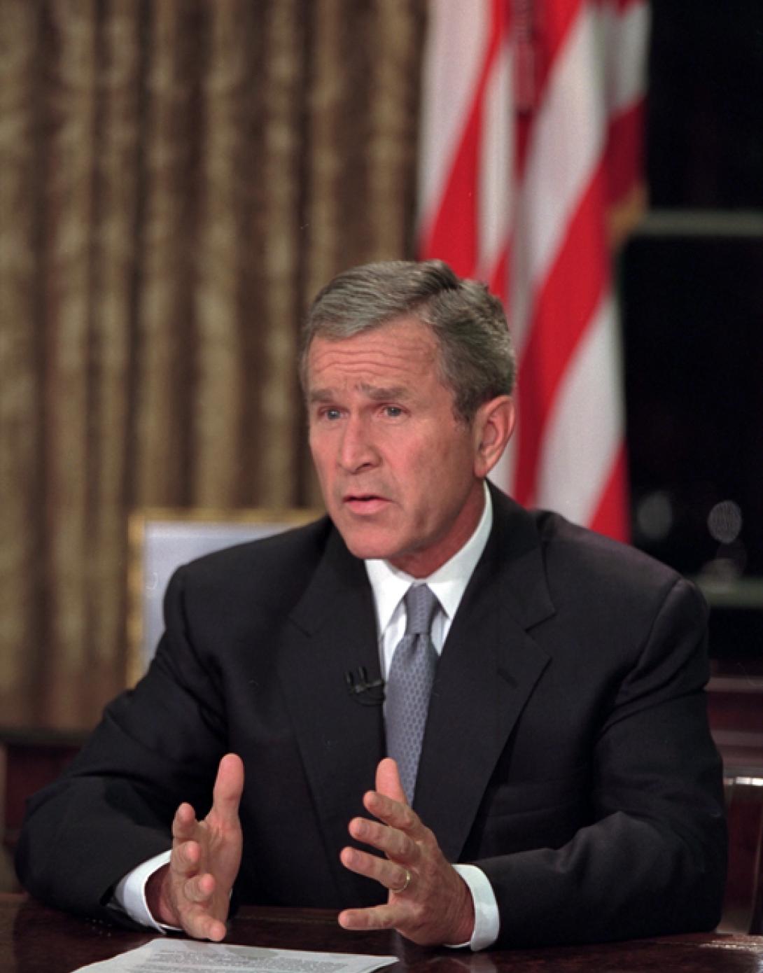President George W. Bush addresses the nation from the Oval Office the evening of September 11, 2001. (P7132-14)