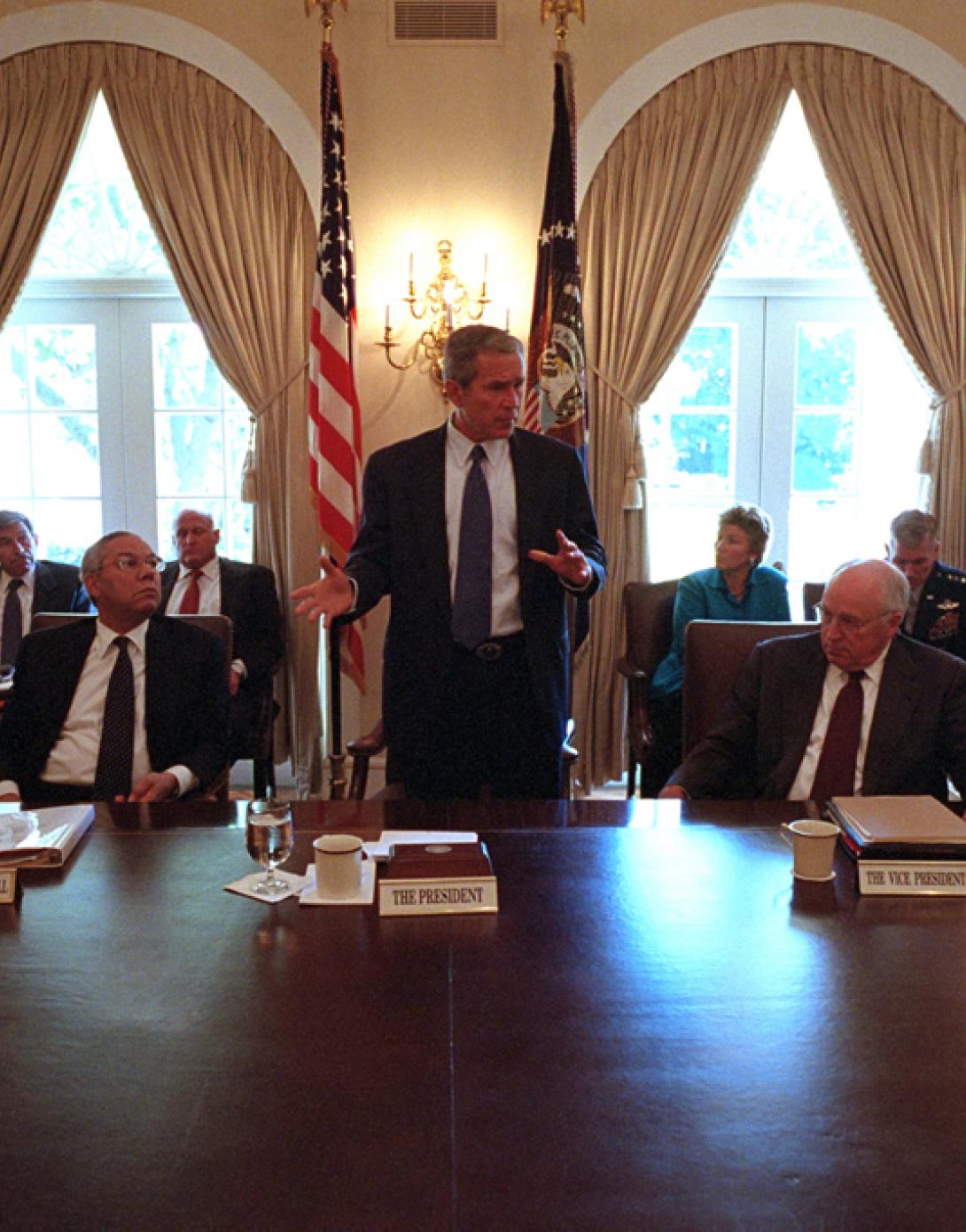 During a meeting with his National Security Council in the Cabinet Room the morning of September 12, 2001, President George W. Bush outlines the new course for his Administration. (P7171-16a)