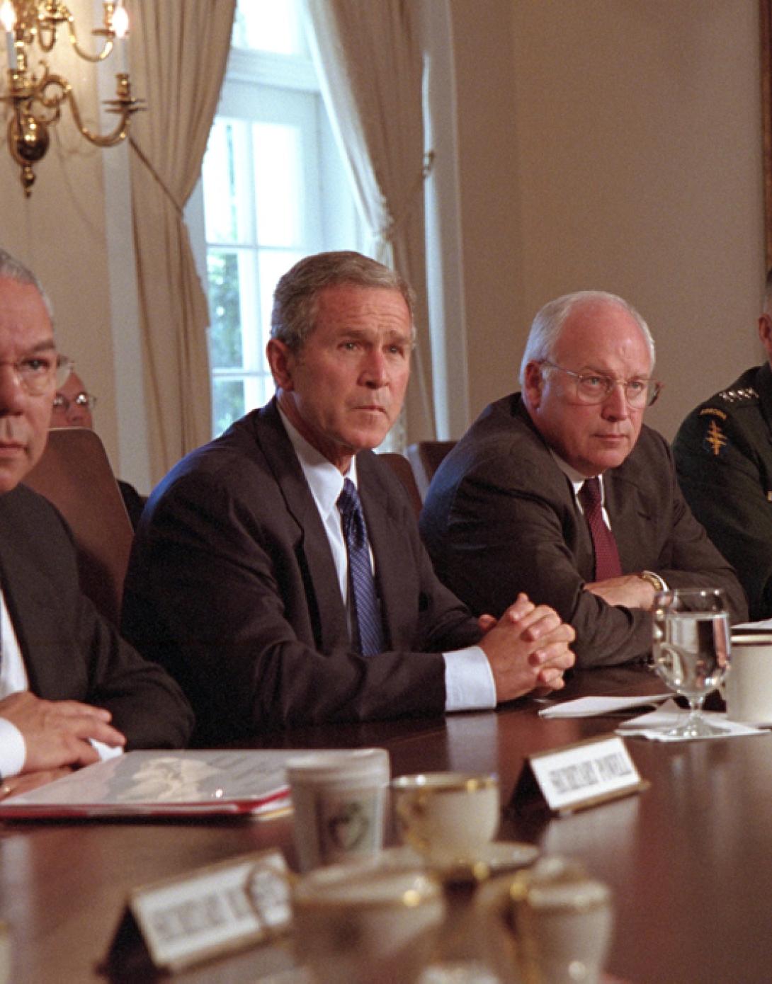 President George W. Bush talks with the media, September 12, 2001, about the previous day's terrorist attacks during a Cabinet meeting at the White House. (P7186-10a)