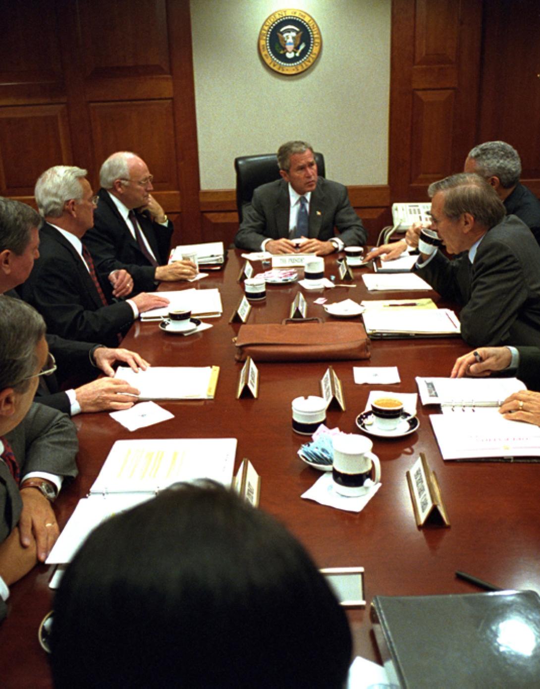 President George W. Bush meets with the National Security Council the morning of September 20, 2001, in the Situation Room of the White House. (P7588-26)
