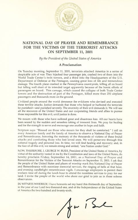 September 13, 2001 Proclamation announcing a National Day of Prayer and Remembrance for the victims of the terrorist attacks on September 11, 2001.