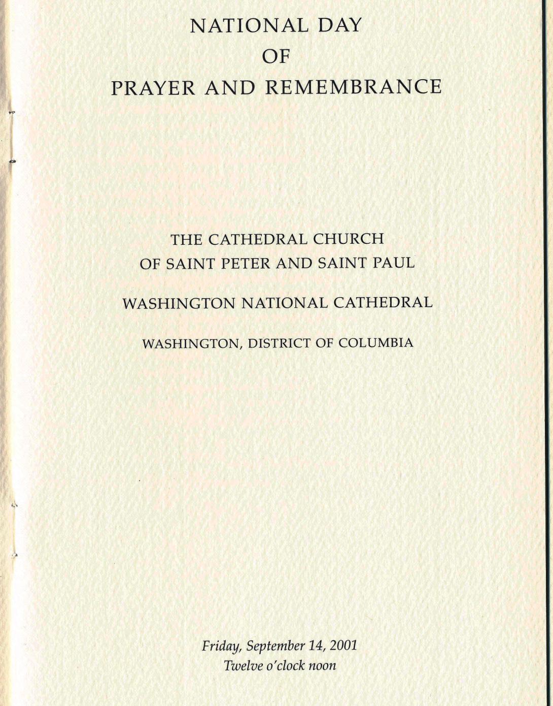Program from the National Day of Prayer and Remembrance service held at the Washington National Cathedral on September 14, 2001.