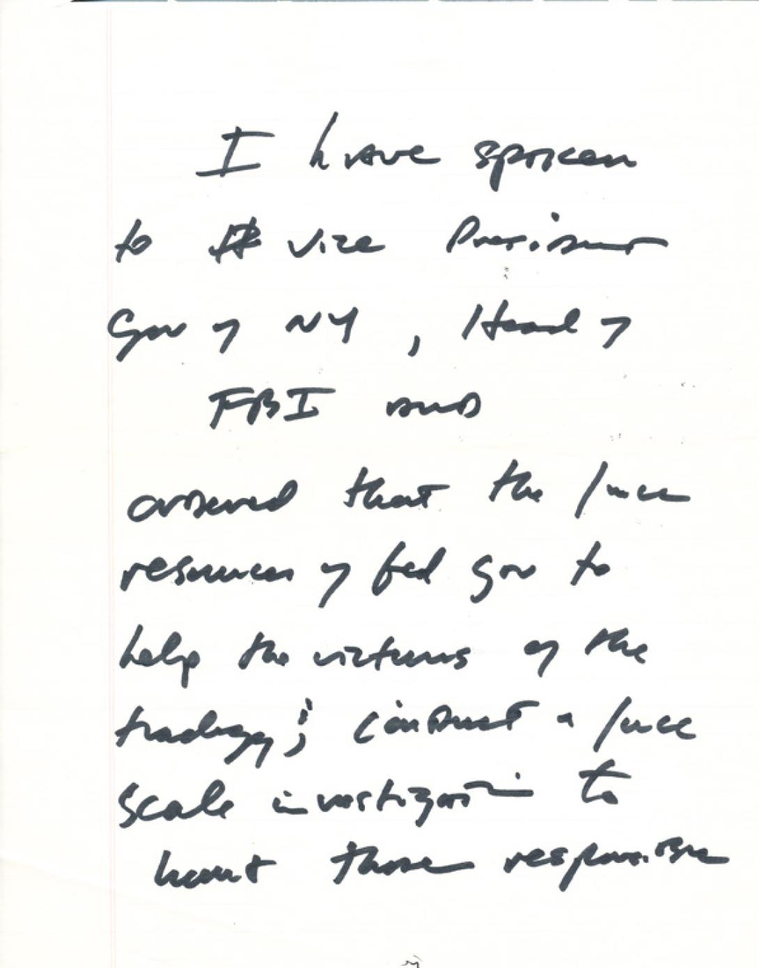 Notes written by President George W. Bush for the initial statement to the press after the terrorist attacks on September 11, 2001.