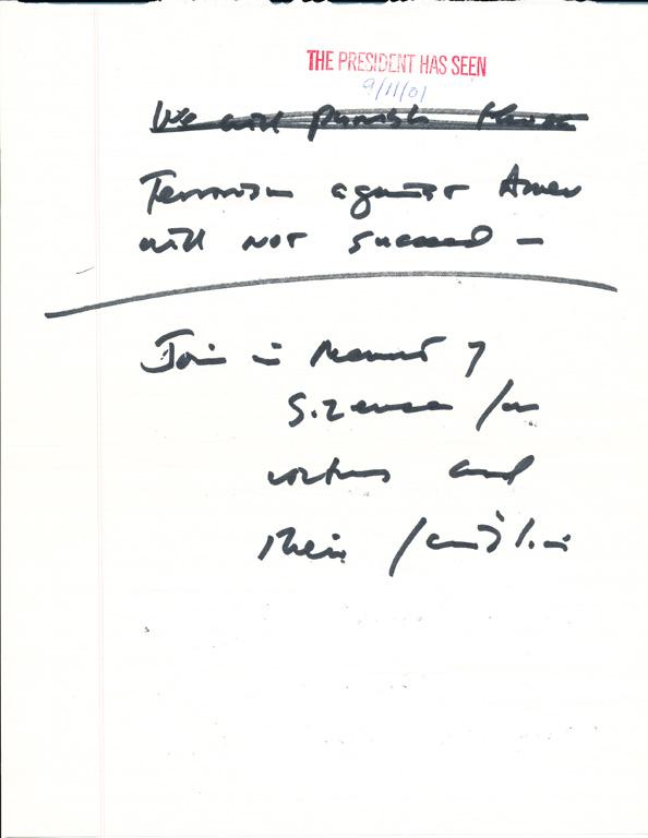 Notes written by President George W. Bush for the initial statement to the press after the terrorist attacks on September 11, 2001.