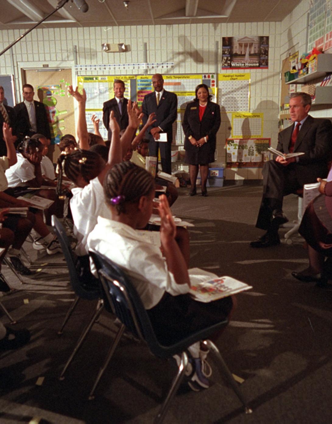 President George W. Bush participates in a reading demonstration the morning of September 11, 2001, at Emma E. Booker Elementary School in Sarasota, Florida. (P7060-19A)