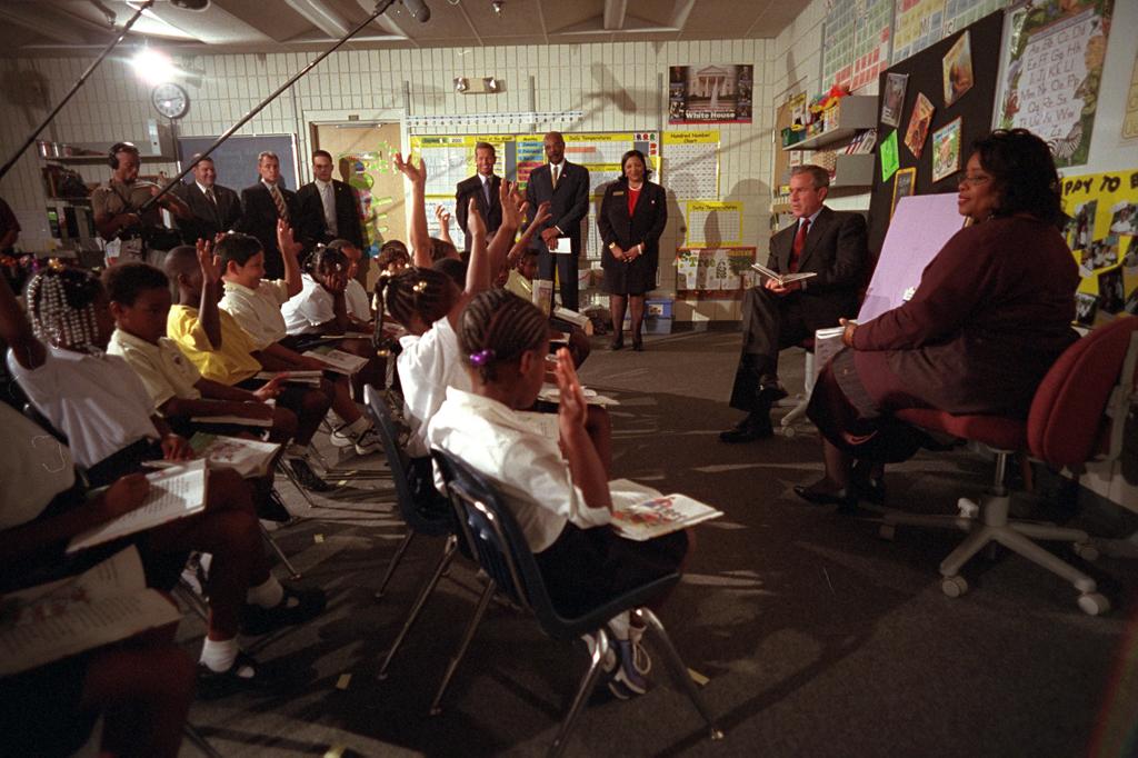 President George W. Bush participates in a reading demonstration the morning of September 11, 2001, at Emma E. Booker Elementary School in Sarasota, Florida. (P7060-19A)