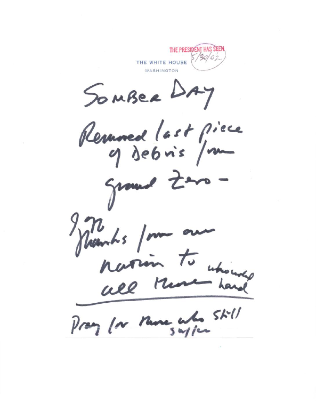 05302002GWBHandwrittenNotesondebrisremovalatGroundZero