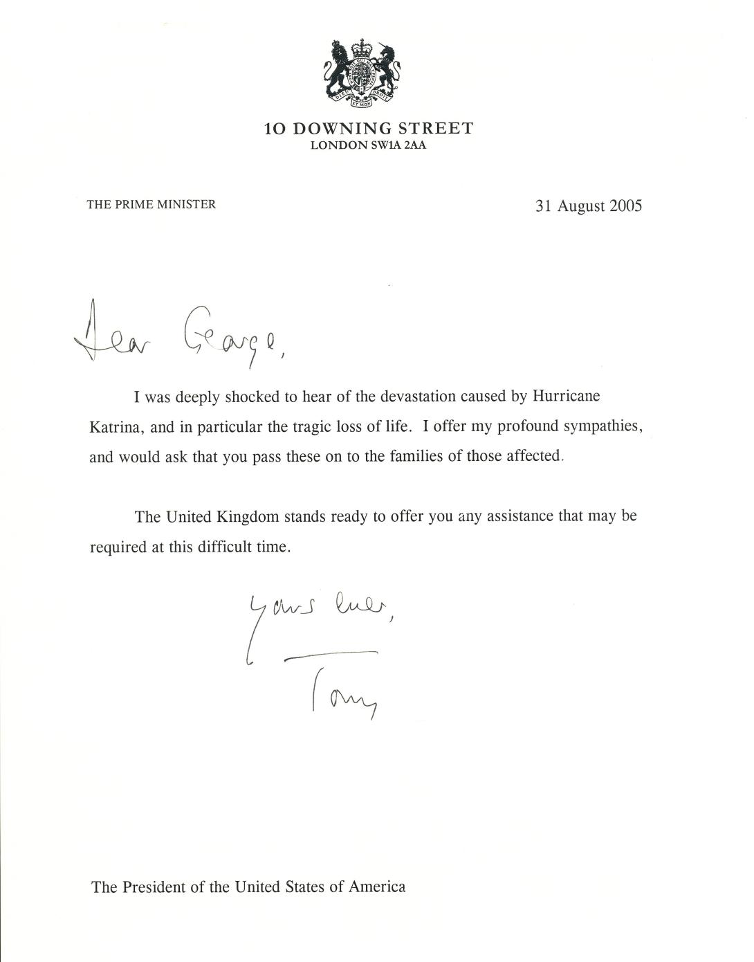 Letter dated August 31, 2005 from British Prime Minister Tony Blair to President George W. Bush expressing concerns regarding the devastation caused by Hurricane Katrina.