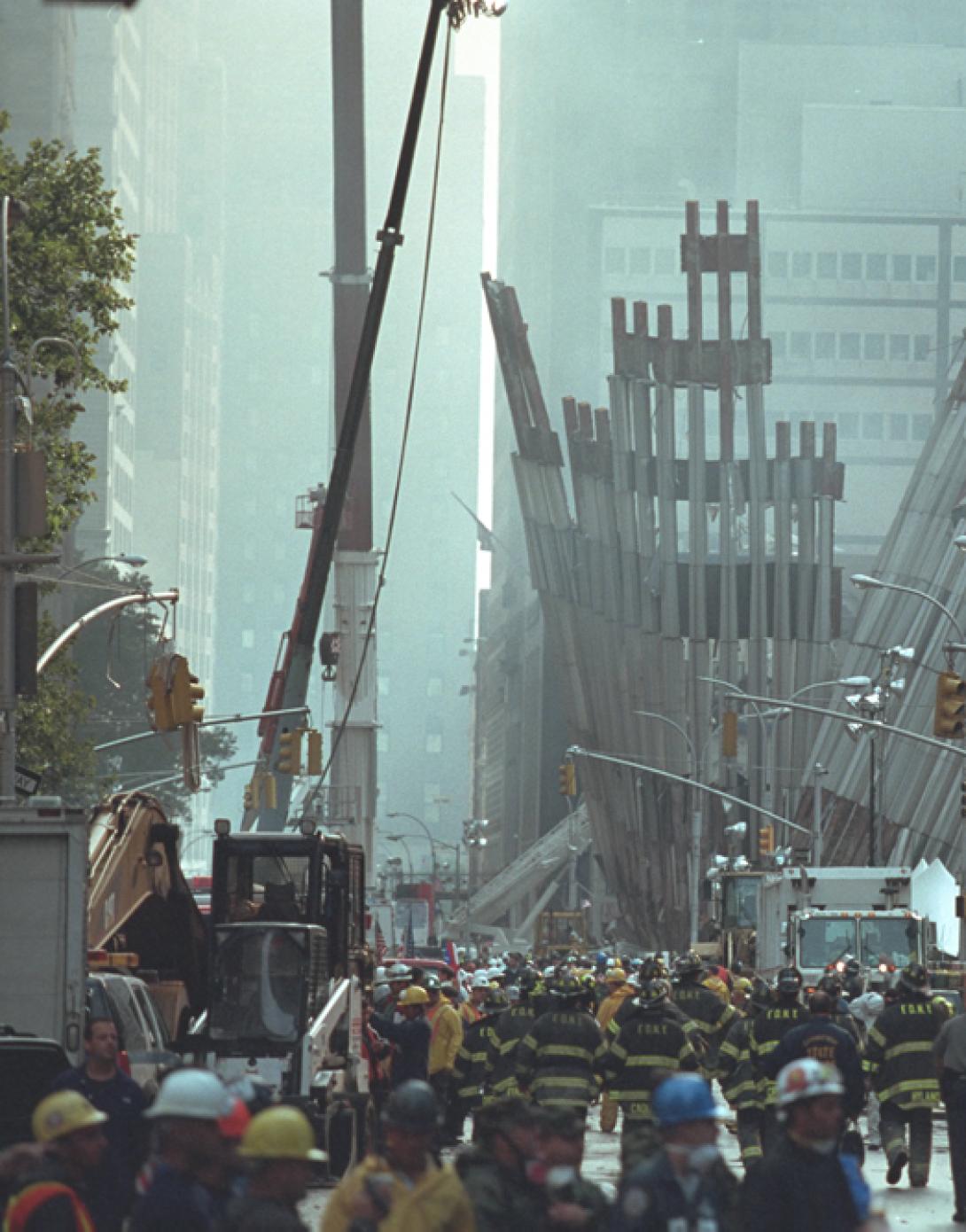 Photograph of destruction at Ground Zero on September 14, 2001.
