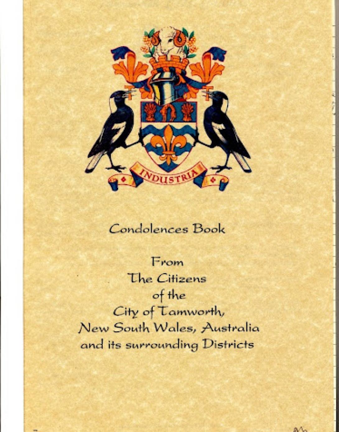 This photograph of a spread of condolence books sent in from Australia illustrates the abundance and variety of books sent in from throughout the world.