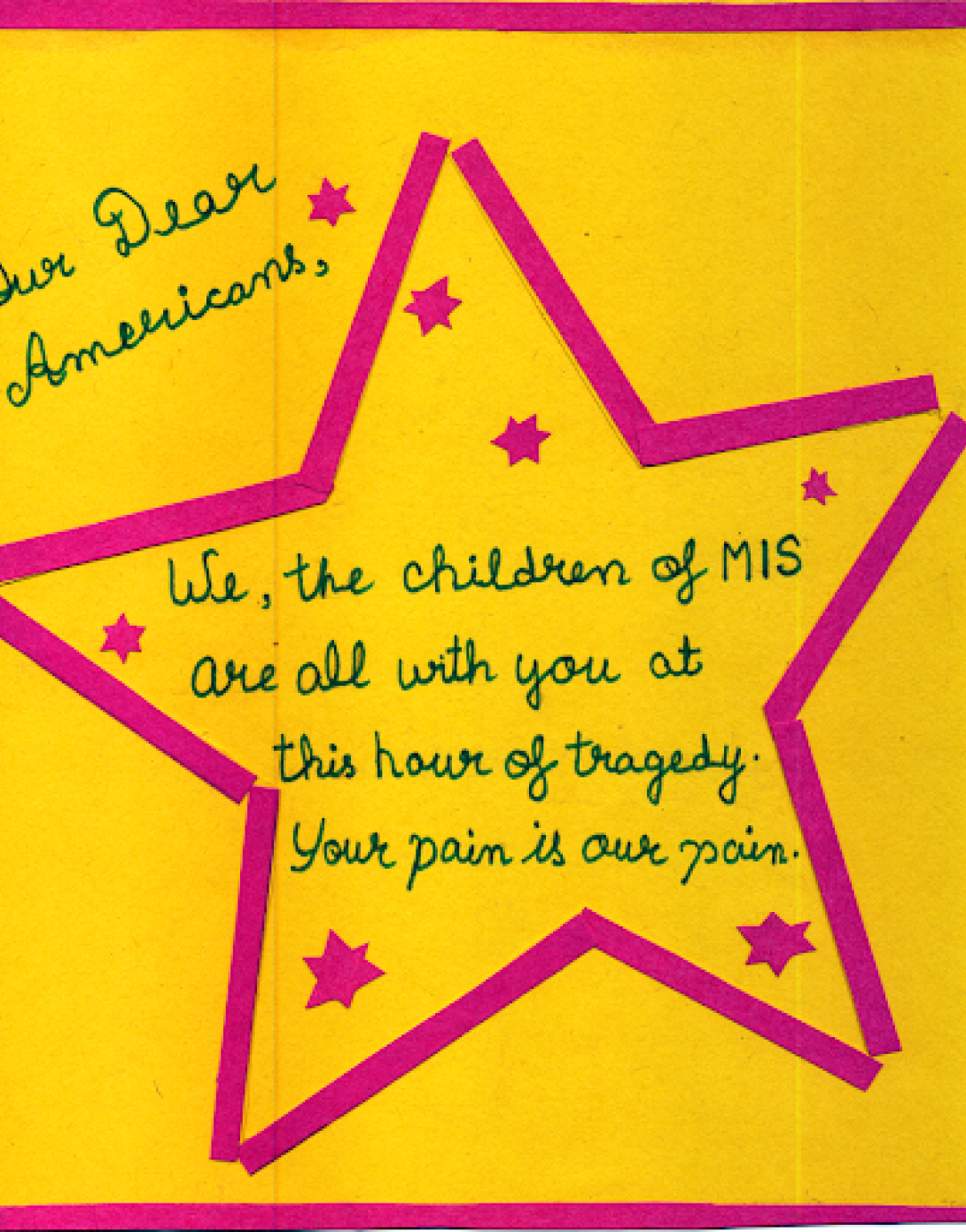 The children of Minsk International School (MIS) in the Republic of Belarus sent a handmade sympathy card.