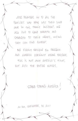 This letter was slipped between the pages of an official condolence book from the Embassy of La Paz, by an anonymous Bolivian.