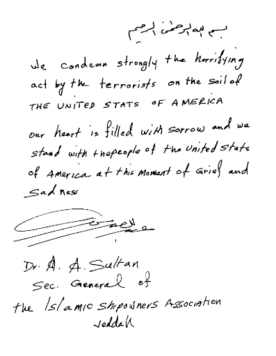 Dr. A. A. Sultan, the Secretary General of the Islamic Ship-owners Association, Jeddah, Brunei, shares his message in a condolence book.