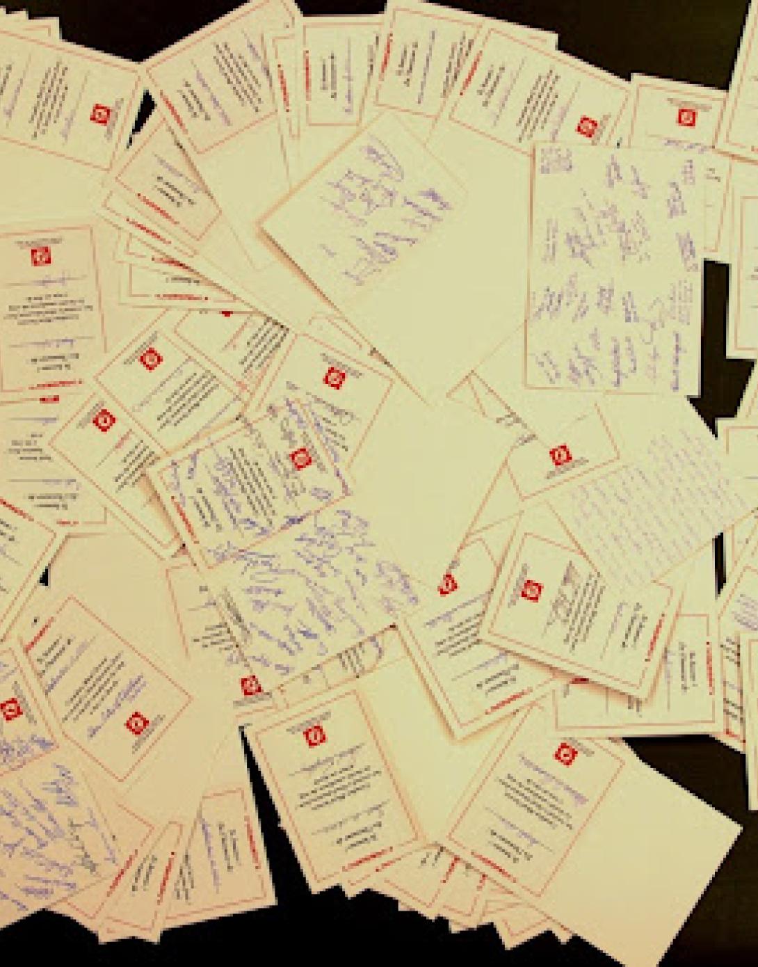 Throughout Canada hundreds of individuals and groups gave blood and donated money to the Canadian Blood Services as well as signing and sending in these postcards of support.