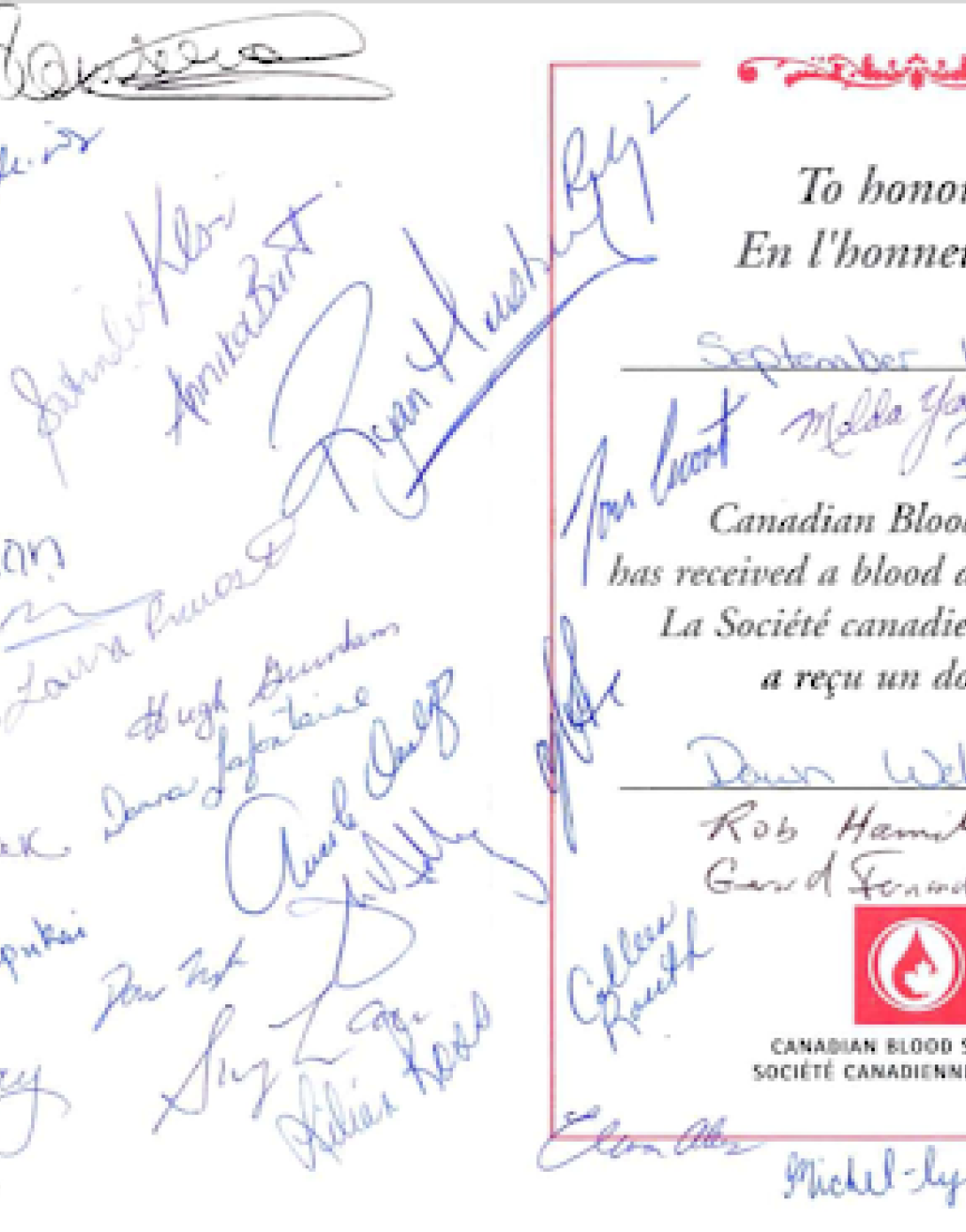 Throughout Canada hundreds of individuals and groups gave blood and donated money to the Canadian Blood Services as well as signing and sending in these postcards of support.