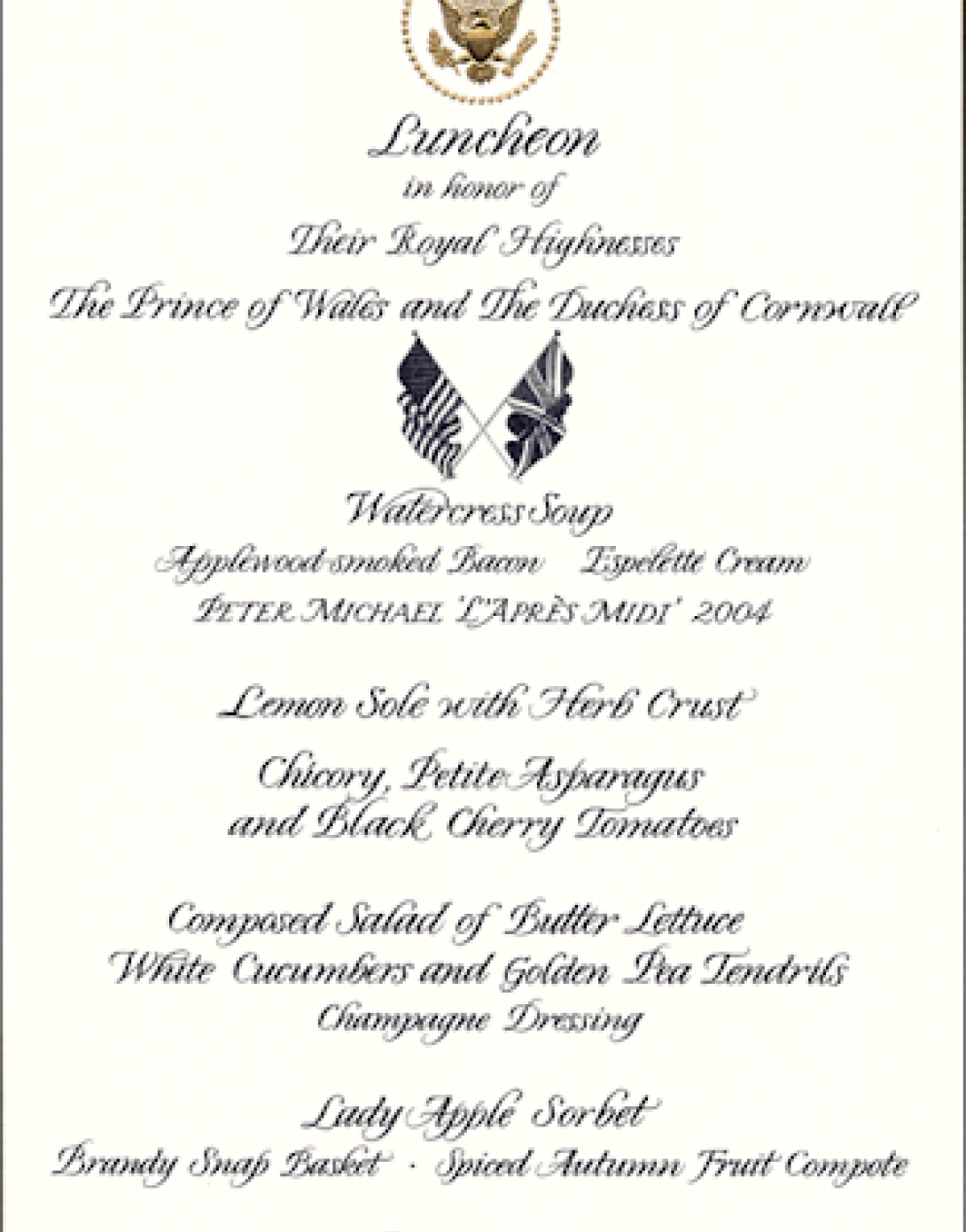 Luncheon for Prince Charles of Wales and Duchess Camilla of Cornwall, November 2, 2005.