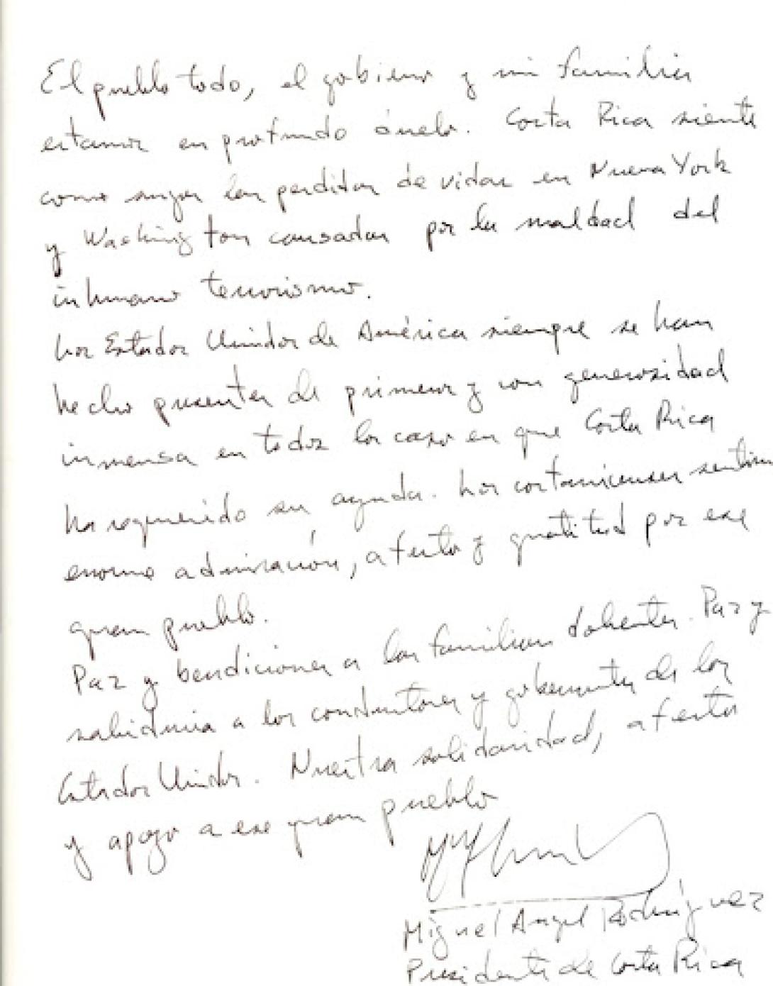 Migel Angel Rodriguez, the President of Costa Rica, shares his message to the people of the United States in this inscribed condolence book.