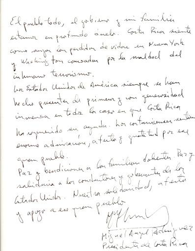 Migel Angel Rodriguez, the President of Costa Rica, shares his message to the people of the United States in this inscribed condolence book.