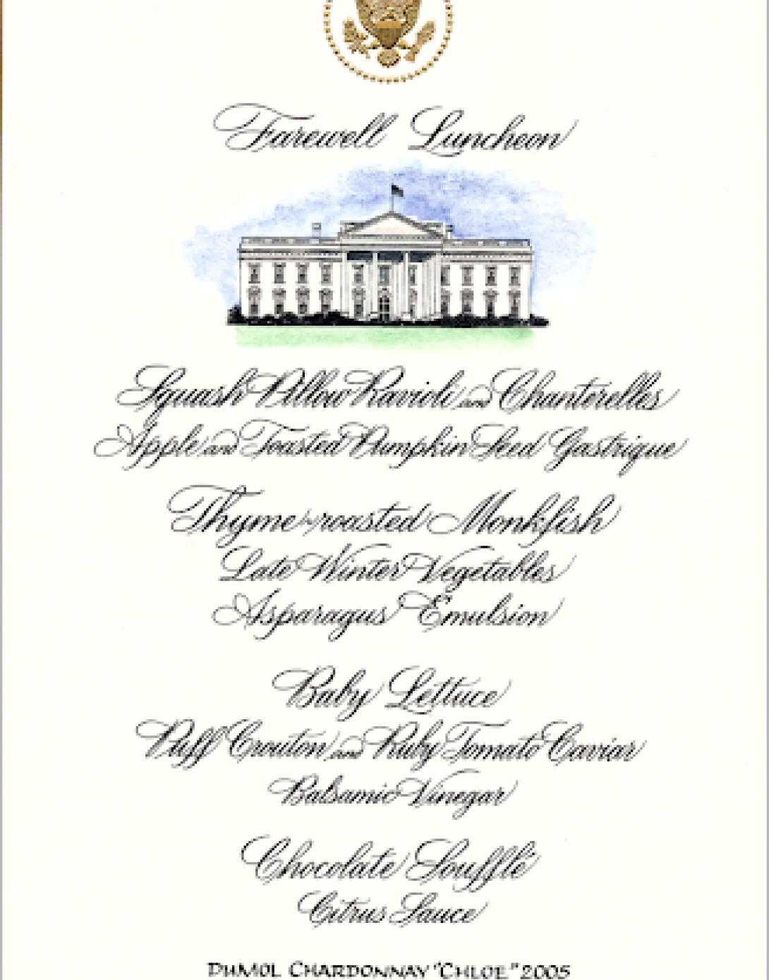 Menu for Farewell Luncheon, January 16, 2009.