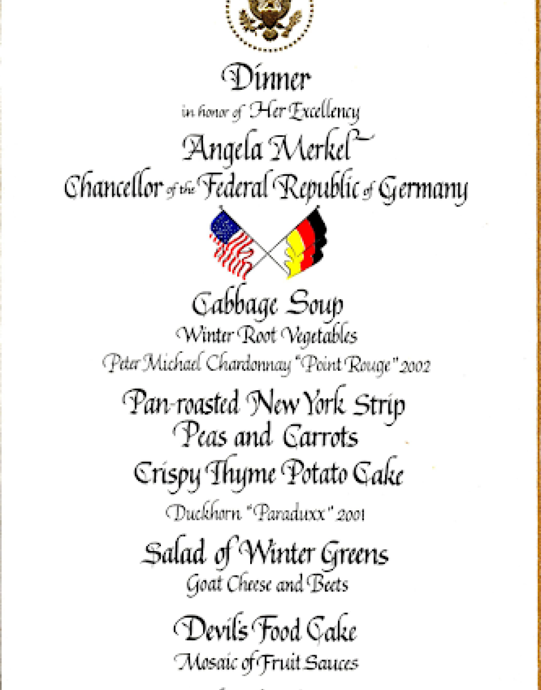 Dinner for Chancellor Angela Merkel of Germany, January 4, 2007.