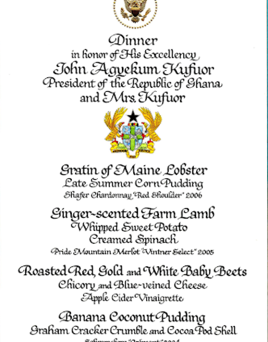 Dinner for President John Kufuor and Mrs. Kufuor of Ghana, September 15, 2008.
