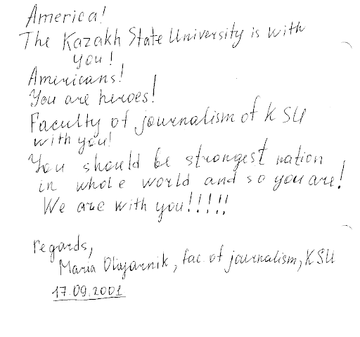 A faculty member from the Kazakh State University in the Republic of Kazakhstan shares her support.