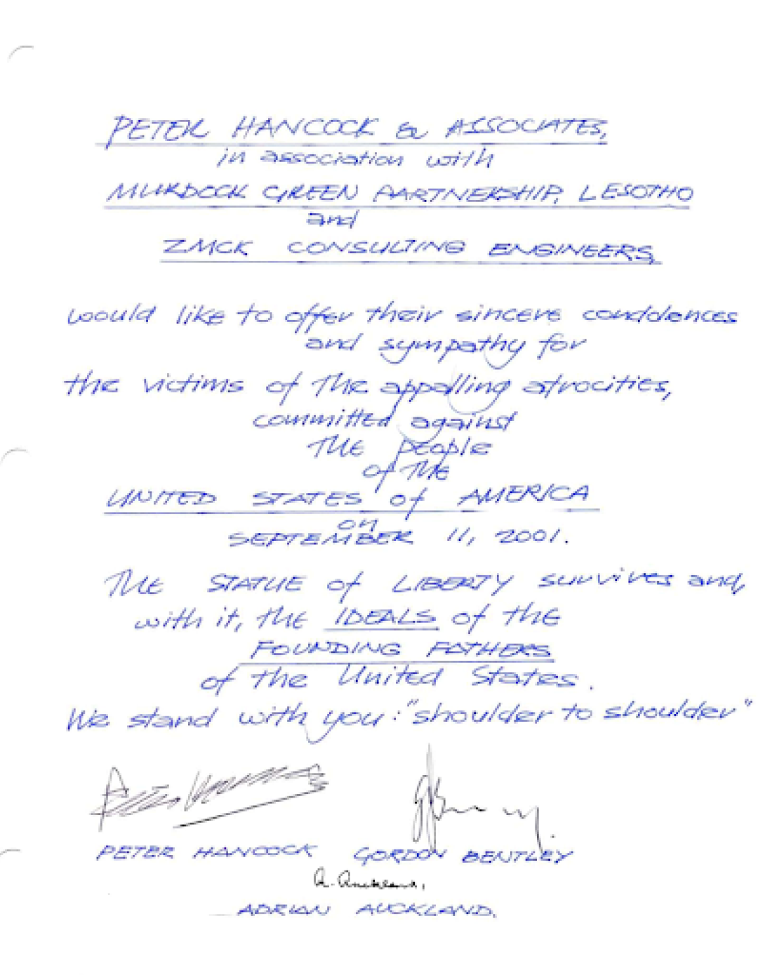 Peter Hancock & Associates of the Kingdom of Lesotho stand with the United States.