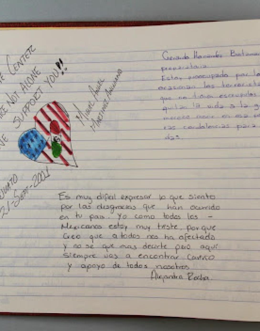 This colorful condolence book was given by the University of Guanajuato of Mexico. Translation: “In solidarity and pains of grief with their sister nation, the United States.” 
