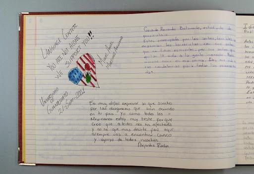 This colorful condolence book was given by the University of Guanajuato of Mexico. Translation: “In solidarity and pains of grief with their sister nation, the United States.” 