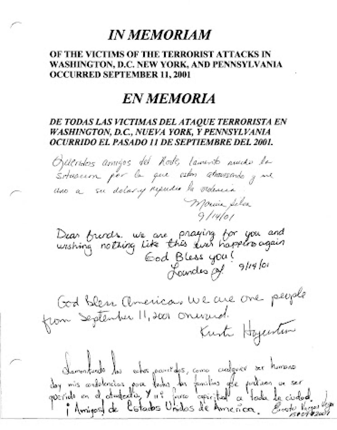 The first page from the condolence book presented by the citizens of Mexico; “we are one people from September 11, 2001 onward.”