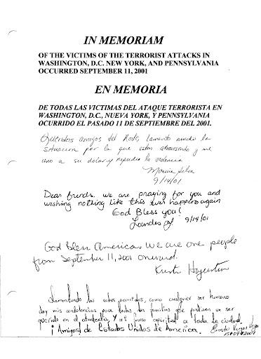 The first page from the condolence book presented by the citizens of Mexico; “we are one people from September 11, 2001 onward.”