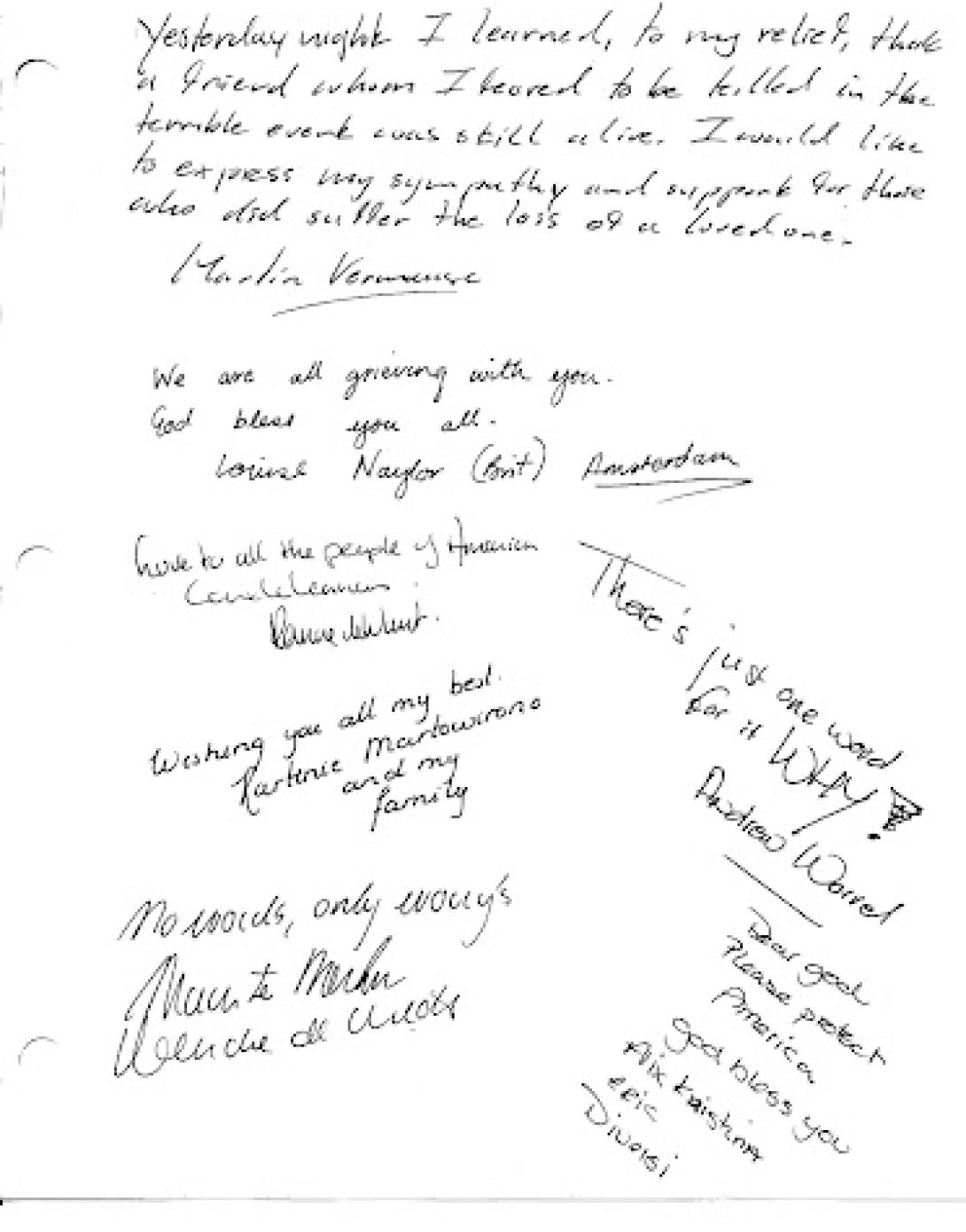 The people of Amsterdam, Netherlands express their worries in an official condolence book.