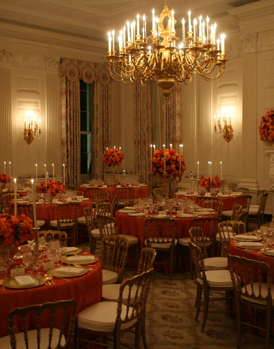 Decorated candlelit tables are seen in the State Dining Room of the White House, November 6, 2007, for the dinner in honor of French President Nicolas Sarkozy.
