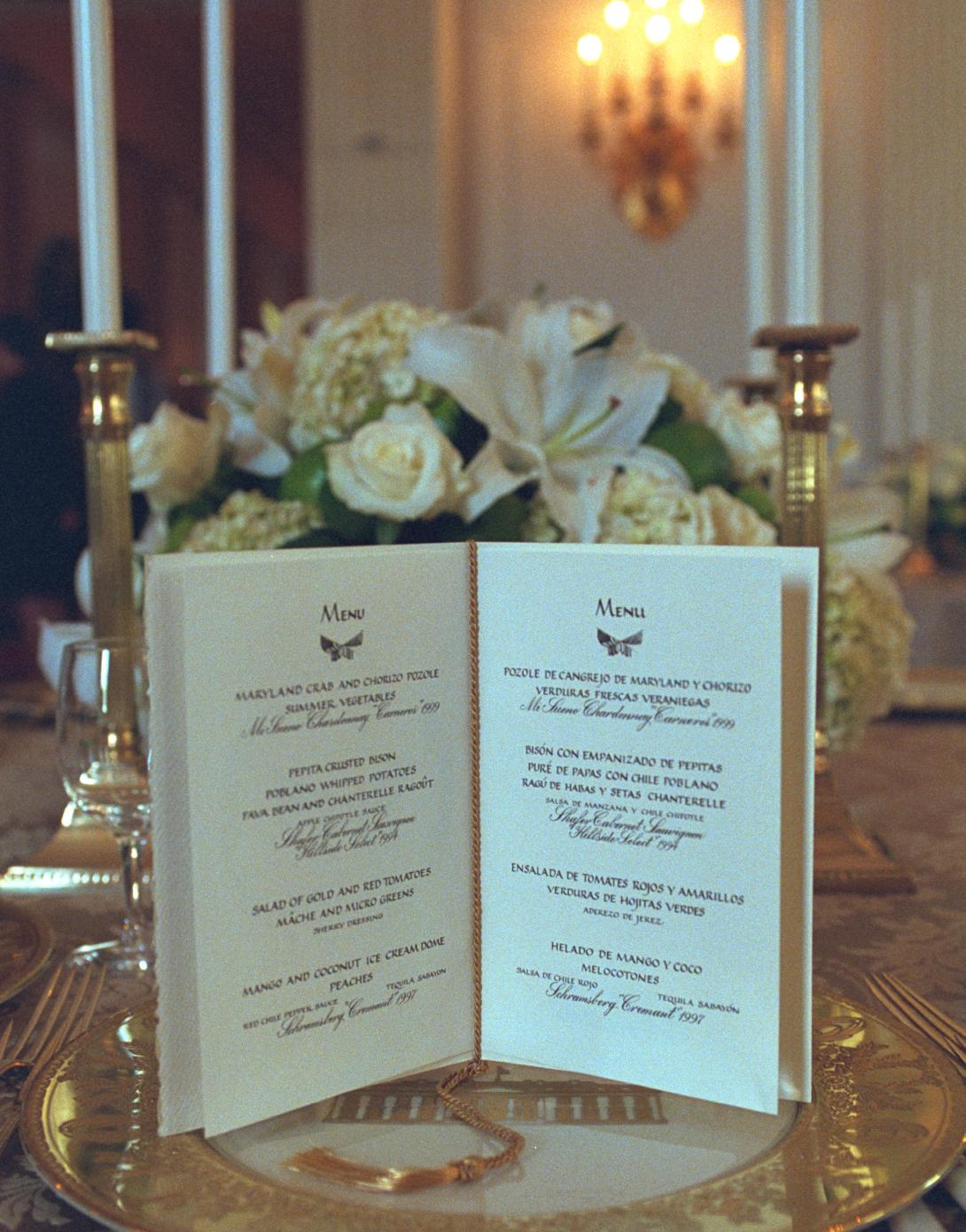 Menu for Mexico State Dinner, September 5, 2001.
