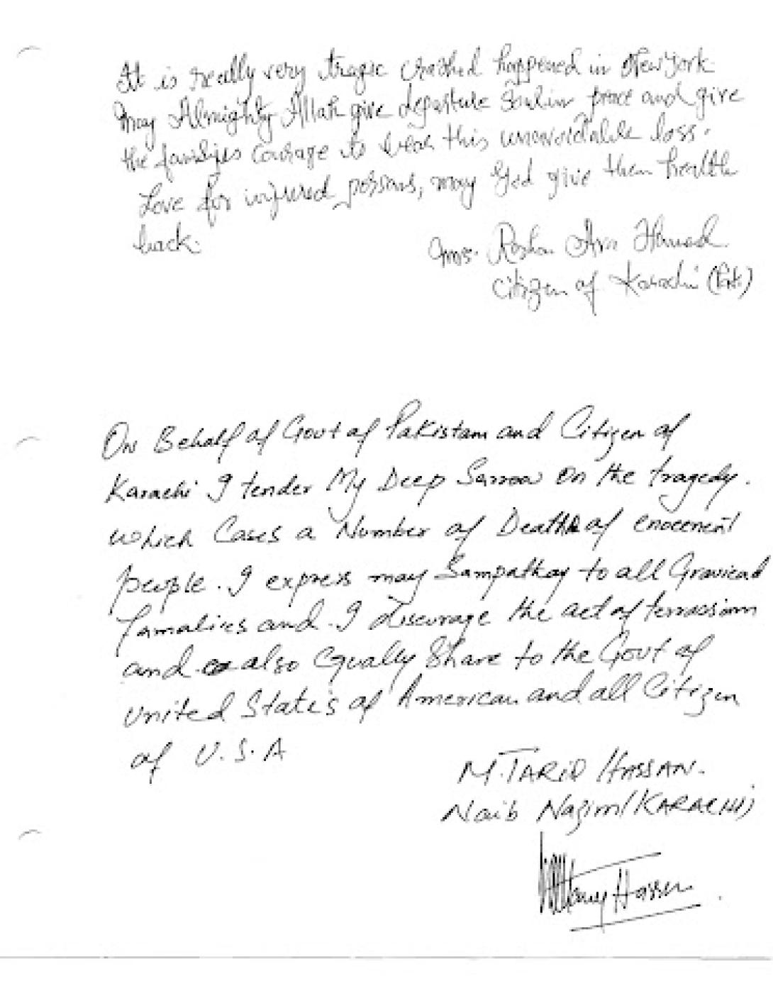 Two citizens of the Islamic Republic of Pakistan express their sympathies for the United States.