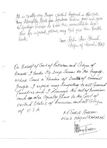 Two citizens of the Islamic Republic of Pakistan express their sympathies for the United States.