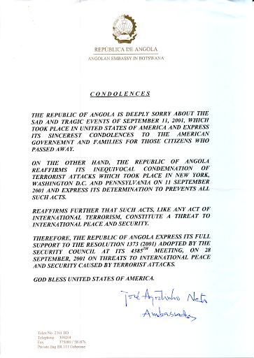 Ambassador José Agostinho Neto from the People's Republic of Angola expresses the deep sorrow and support from the Angolan people and government in this letter.