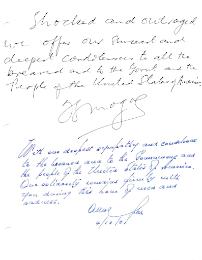 The first entry of this official condolence book from the US Embassy of Gaborone, Republic of Botswana is from President Festus Mogae.