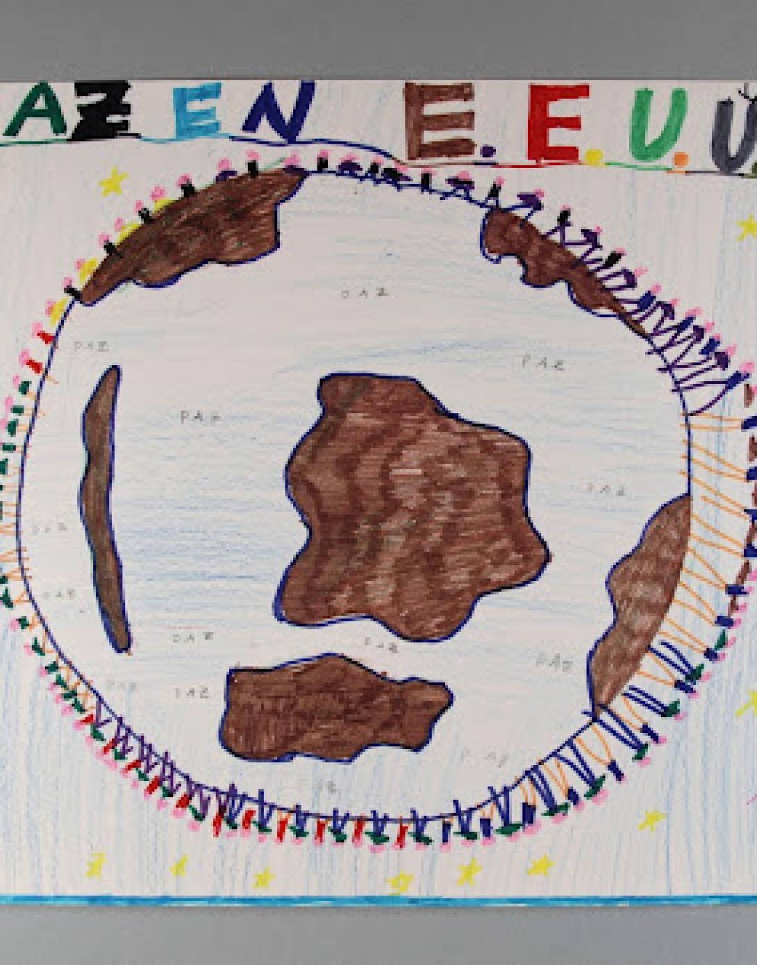 A child from the Republic of Chile expresses hope for peace in a drawing.