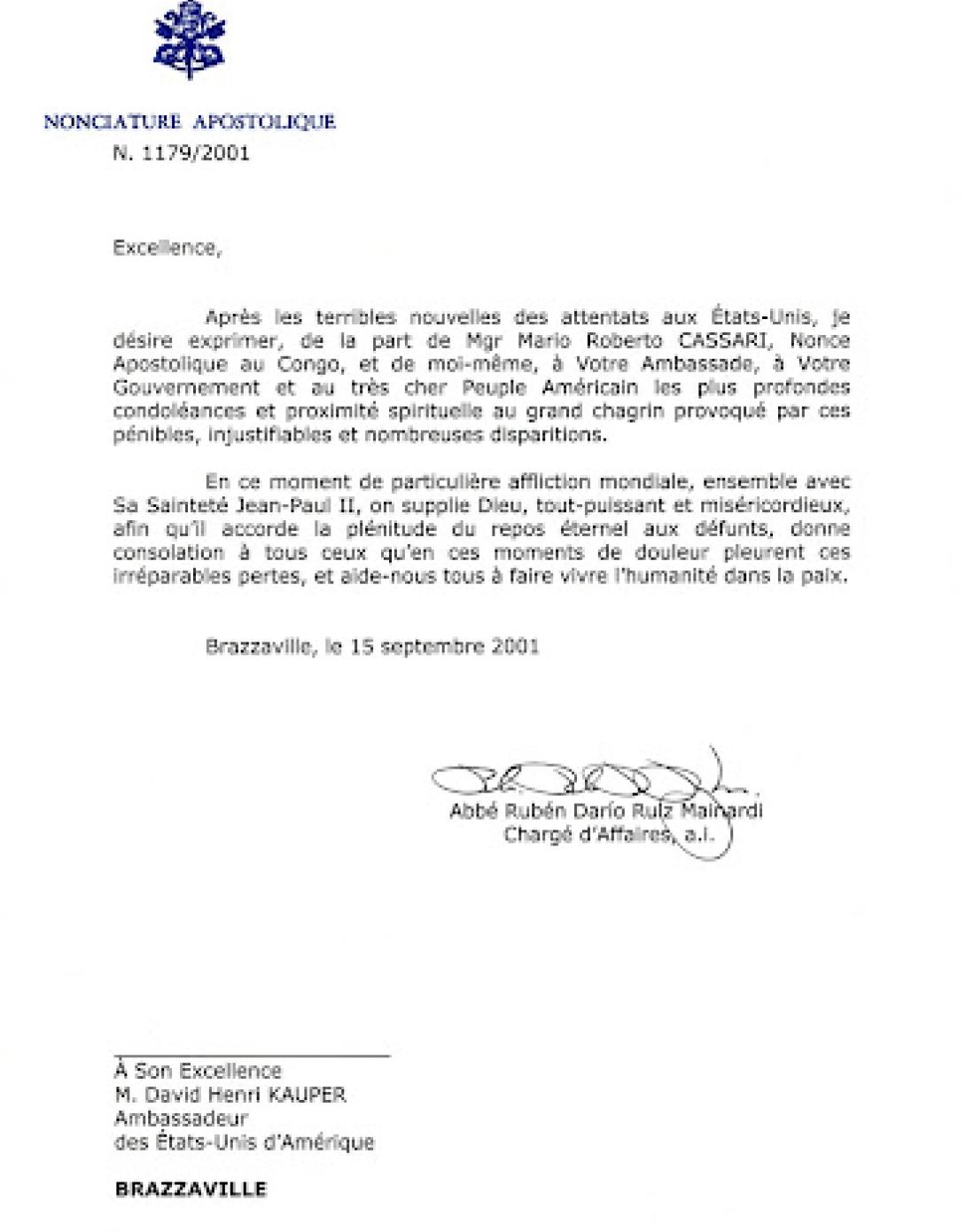 Abbe Ruben Dario Ruiz Mainardi, representative of the Holy See in Brazzaville, sends this letter to the United States Ambassador to the Democratic Republic of the Congo.