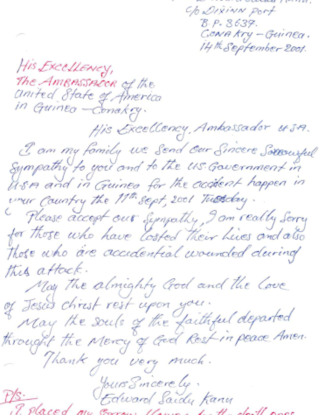 Edward Saidu  Kanu sends his sorrowful sympathy to the United States Ambassador to the Republic of Guinea.