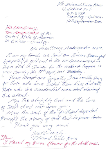 Edward Saidu  Kanu sends his sorrowful sympathy to the United States Ambassador to the Republic of Guinea.