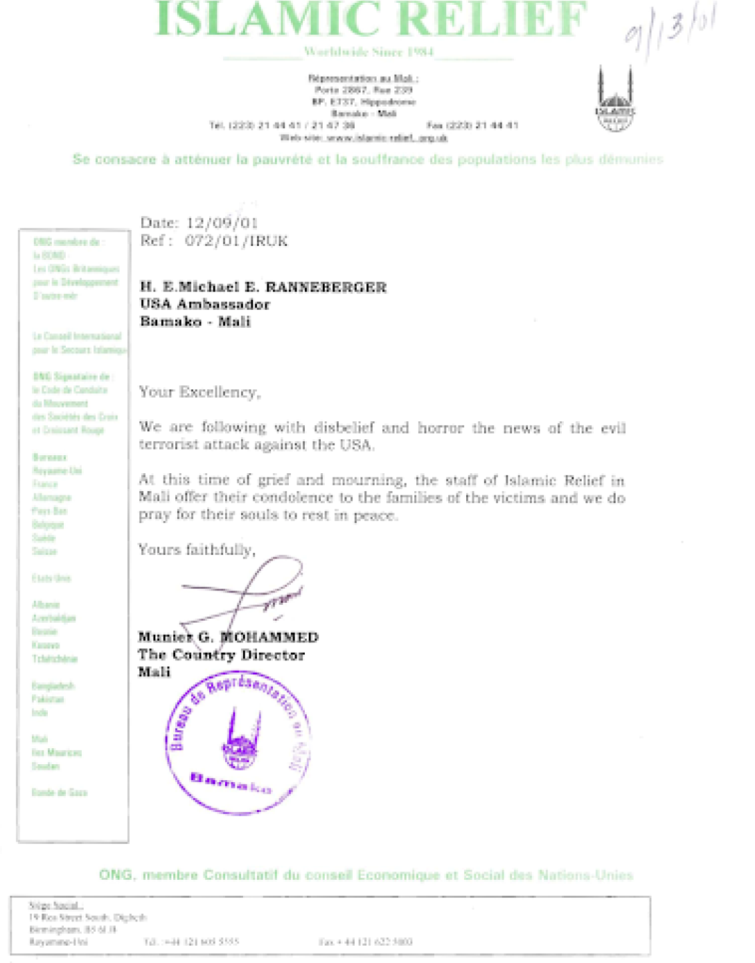 In this letter, the Country Director of Islamic Relief in the Republic of Mali mourns with the United States.