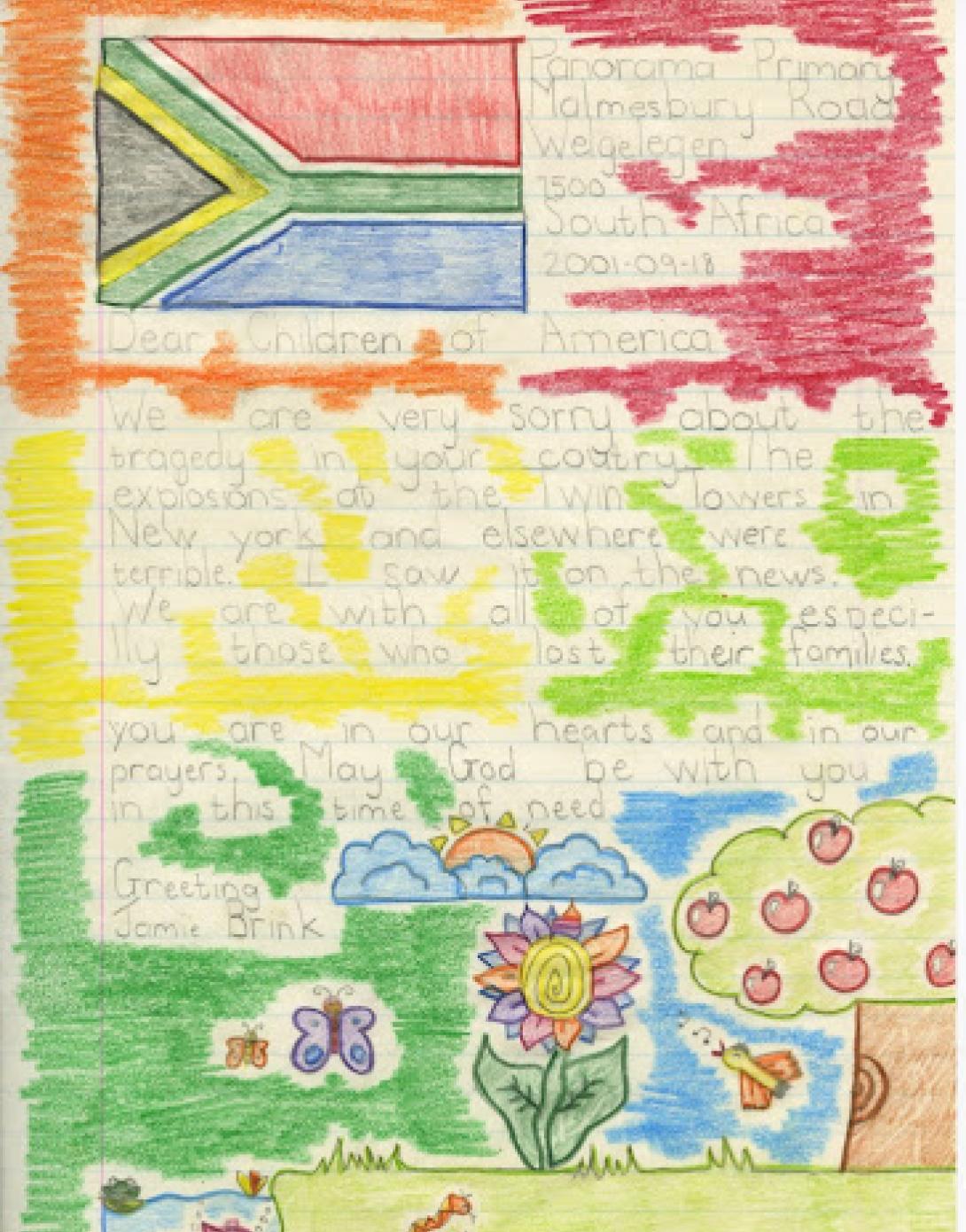 A primary school student in South Africa expresses her sympathies in a letter to the American children.