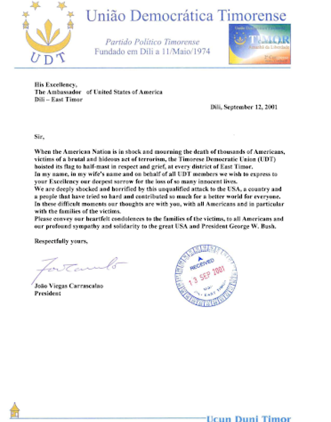The President of the Timorese Democratic Union (became East Timor in 2003) expresses shock and sorrow in this letter.