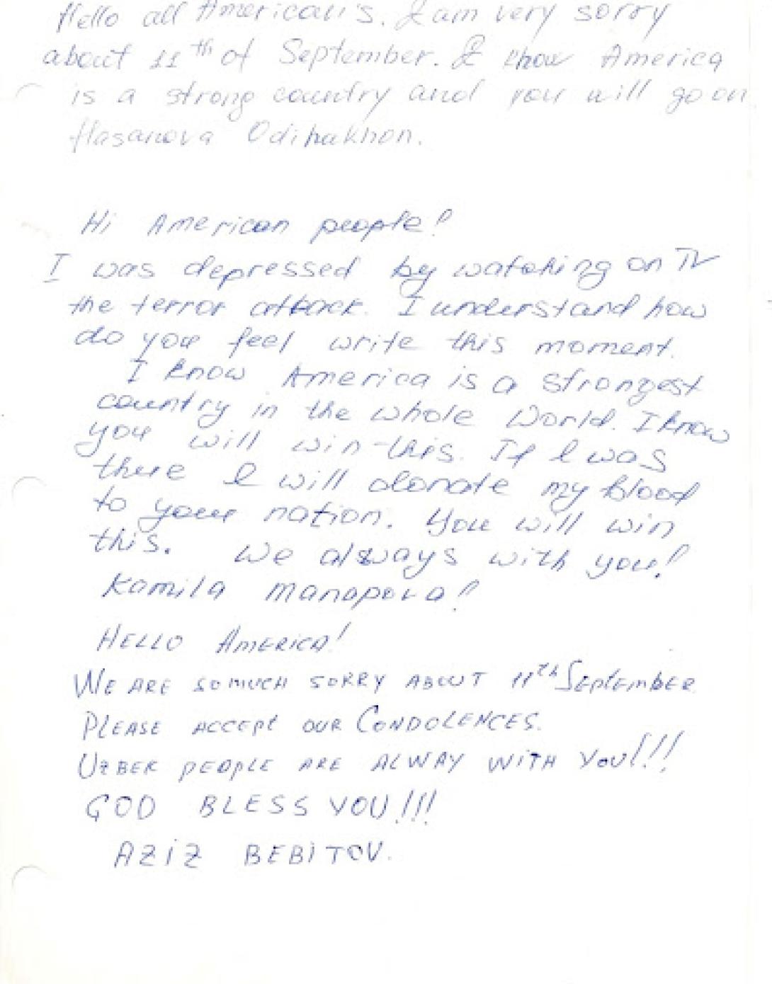 Komila Manapova and Aziz Bebitov of the Republic of Uzbekistan express their sympathies in a condolence book gifted to the United States Embassy in Tashkent.