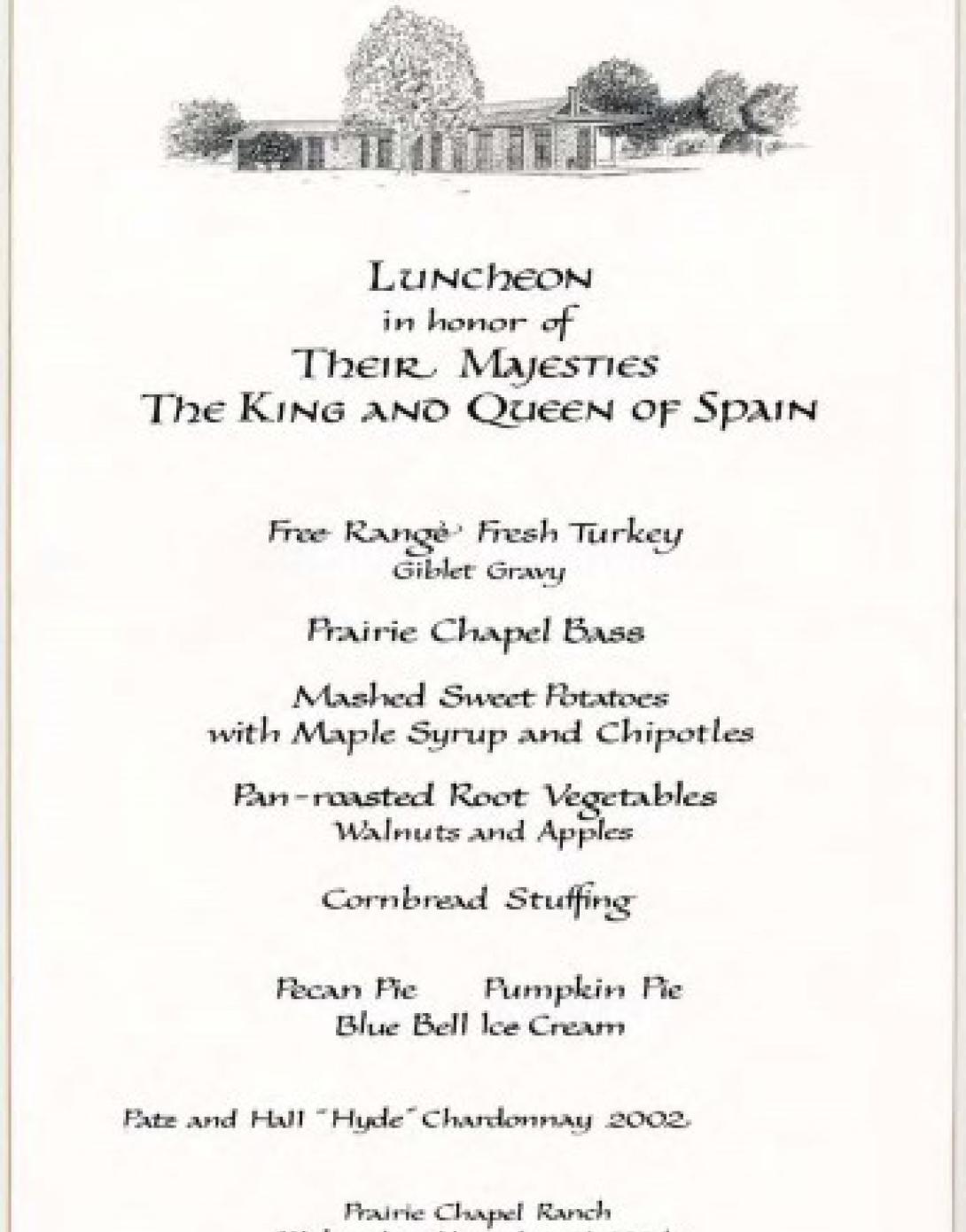 Luncheon menu honoring the King and Queen of Spain, November 24, 2004.